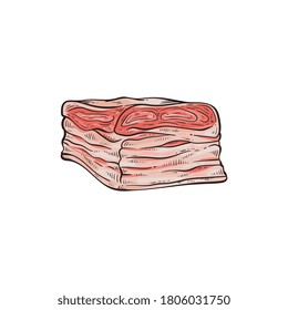 Pork meat fat part icon - bacon or speck piece for butchery, sketch cartoon vector illustration isolated on white background. Meat cut sign for farmers fair and market.