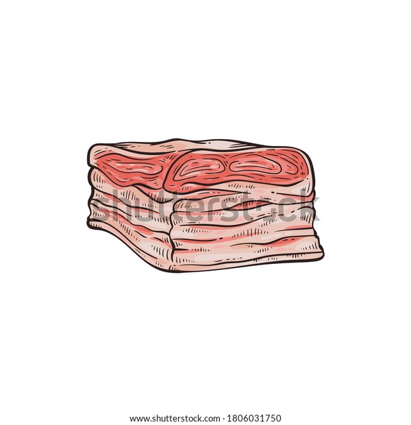 Pork meat fat part icon\
- bacon or speck piece for butchery, sketch cartoon vector\
illustration isolated on white background. Meat cut sign for\
farmers fair and market.