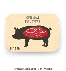 Pork Meat Packaging Design with Pig Silhouette. Vector Illustration