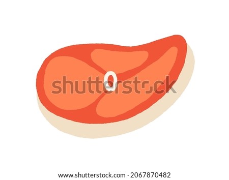 Pork meat piece with bone. Cut raw fresh meaty steak. Chopped food, filet with lard. Uncooked part of pig. Animal protein and fat product. Flat vector illustration isolated on white background
