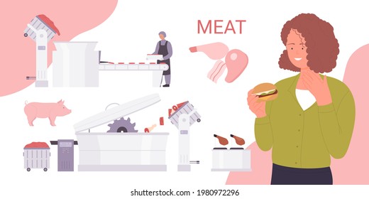 Pork meat products, food industry technology vector illustration. Cartoon happy girl teen character eating pork cutlet burger, worker working on automated equipment in butchery meat factory background