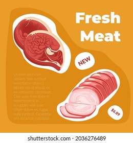 Pork meat, sausage and liver in shop or store. Catalog with products, fresh meal, ingredients for dishes and delicatessen. Promotion banner. Butchers department in grocery, vector in flat style