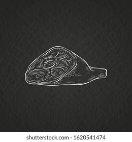 Pork meat shoulder or leg piece - chalk on blackboard hand drawn icon, cartoon vector illustration in sketch style isolated on background. Farm animals meat production.