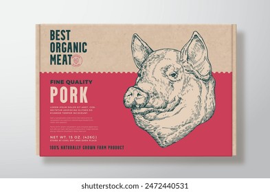 Vector de carne de cerdo Diseño de etiqueta de embalaje en un contenedor de caja de alimentos de cartón artesanal. Tipografía moderna y diseño de fondo de cara de cerdo doméstico dibujado a mano. Aislado