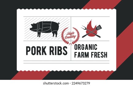 Pork meat vintage label. Old label with pig and bbq icons. Pork ribs sticker. Label, tag, logo, card template. Vintage sticker for meat products, packaging. Vector illustration