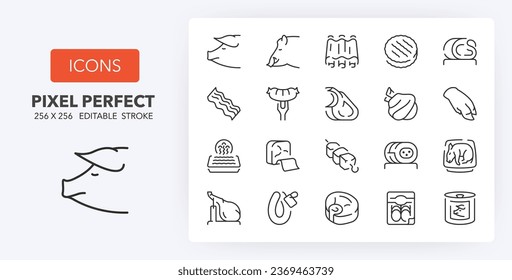 Pork meats products, thin line icon set. Outline symbol collection. Editable vector stroke. 256x256 Pixel Perfect scalable to 128px, 64px...