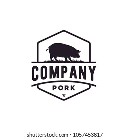 Pork Pig Boar Farm Silhouette Vintage Badge Emblem Label Logo design inspiration