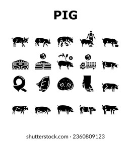 pork pig farm animal piglet hog icons set vector. swine livestock, domestic bacon, cute hand boar, agriculture little, happy vintage pork pig farm animal piglet hog glyph pictogram Illustrations