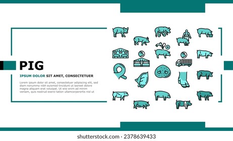 pork pig farm animal piglet hog landing web page vector. swine livestock, domestic bacon, cute hand boar, agriculture little, happy vintage pork pig farm animal piglet hog Illustration