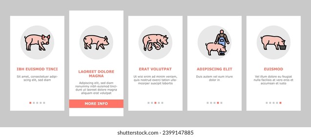 pork pig farm animal piglet hog onboarding mobile vector. swine livestock, domestic bacon, cute hand boar, agriculture little, happy vintage pork pig farm animal piglet hog Illustrations