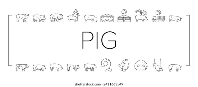 Schweinekoteletts-Hausschweine-Symbole setzen Vektorgrafik. Schweinevieh, Hausbacon, süße Handschweine, landwirtschaftliche Kleinbetriebe, HobbySchweinezüchter, Schweinefleisch mit schwarzer Linie, Illustrationen