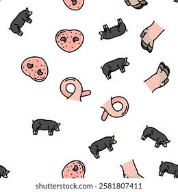 pork pig farm animal piglet hog vector seamless pattern thin line illustration