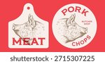 Pork, pig head, meat label. Template Meat Tag Label. Vintage retro print, tag, label with pig sketch ink pencil style drawing. Butchery pork pig head meat shop, text, typography. Vector Illustration