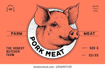 Schweinefleisch, Schweinekopf, Fleischetikett. Fleischerei Schweinekopf Fleischerei, Text, Typografie. Schablonen-Fleischetikett. Vintage Retro-Druck, Tag, Etikett mit Schweineskizze Tinte Bleistiftzeichnung. Illustration