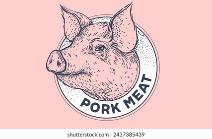 Pork, pig head, meat label. Template Meat Tag Label. Vintage retro print, tag, label with pig sketch ink pencil style drawing. Butchery pork pig head meat shop, text, typography. Vector Illustration