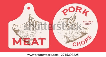 Pork, pig head, meat label. Template Meat Tag Label. Vintage retro print, tag, label with pig sketch ink pencil style drawing. Butchery pork pig head meat shop, text, typography. Vector Illustration