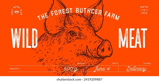 Pork, pig, hog, head, meat tag label. Template Meat Tag Label. Vintage print, tag, label pig sketch ink pencil style drawing. Butchery pork pig head meat shop, text, typography. Vector Illustration