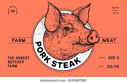 Pork, pig, hog, head, meat tag label. Template Meat Tag Label. Vintage print, tag, label pig sketch ink pencil style drawing. Butchery pork pig head meat shop, text, typography. Vector Illustration