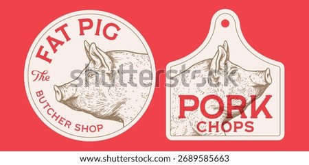 Pork, pig, hog, head, meat tag label. Template Meat Tag Label. Vintage print, tag, label pig sketch ink pencil style drawing. Butchery pork pig head meat shop, text, typography. Vector Illustration