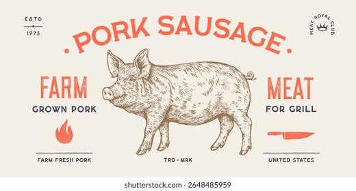 Rótulo de carne de porco, porco, suíno. Rótulo da Marca de Carne do Modelo. Vintage impressão, etiqueta, etiqueta porco fazenda esboço tinta lápis estilo desenho. Talho, criação de porcos, loja de carne, texto, tipografia. Ilustração de vetor
