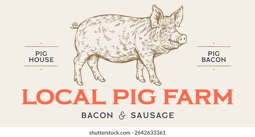 Pork, pig, hog sketch. Vintage retro print, black white farm domestic pig sketch ink pencil style drawing, engrave old school. Sketch artwork silhouette pig, white background. Vector Illustration