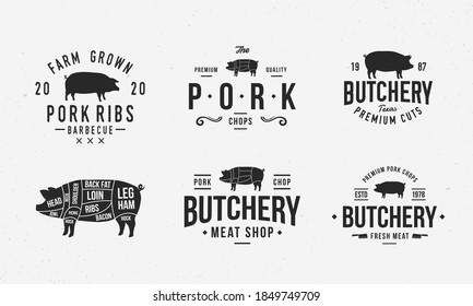 Pork, Pig logo set. Vintage pork logo templates with pig silhouette. Pork emblems for butcher shop, restaurant, steak house, barbecue design. Pork cuts diagram. Vector illustration