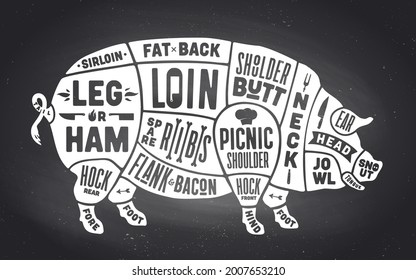 Pork, pig. Scheme, diagram, chart pork, butcher guide. Vintage retro print, art typography. Black-white chalk graphic design on chalkboard. Poster pig for Butcher meat shop. Vector Illustration