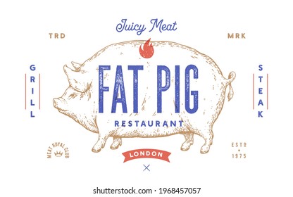 Pork, pig. Template Label. Vintage retro print