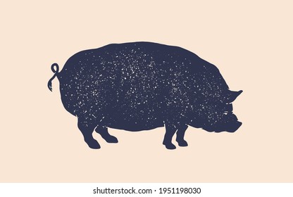 Pork, pig. Vintage retro print, silhouette pig