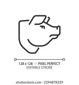 Pork Pixel perfekte lineare Symbol. Schweinekopf. Fleischgeschäft. Nahrungsmittelindustrie. Nutztier. BBQ-Menü. Grillrestaurant. Dünne Illustration. Contour-Symbol. Vektorgrafik-Zeichnung. Bearbeitbarer Hub