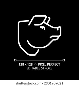 Pork pixel perfect white linear icon for dark theme. Pig head. Meat shop. Food industry. Farm animal. Barbecue restaurant. Thin line illustration. Isolated symbol for night mode. Editable stroke