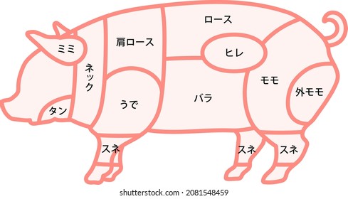 Pork portion map isolated vector illustration.Translation:” ear,neck,jowl,picnic,
boston butt,belly,pork ham,fillet,shank."