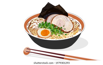 Pork ramen with boiled egg and seaweed. Isolated bowl of pork ramen and chopsticks on white background. Close up drawing vector illustration. Anime asian food. 