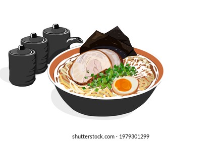 Pork ramen with boiled egg and seaweed. Isolated bowl of pork ramen and flavour bottles on white background. Close up drawing vector illustration. Anime asian food. 