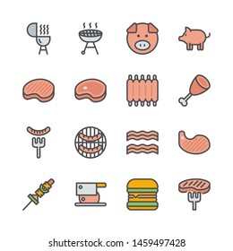 Pork related in colorline icon set.Vector illustration