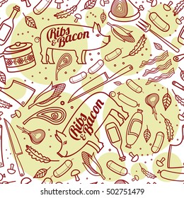 Pork, ribs, bacon, vector seamless texture pattern. Seamless pattern can be used for wallpaper, pattern fills, web page background, surface textures.