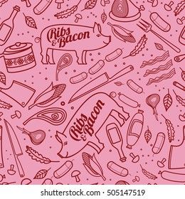 Pork, ribs, bacon, vector seamless texture pattern. Seamless pattern can be used for wallpaper, pattern fills, web page background, surface textures.