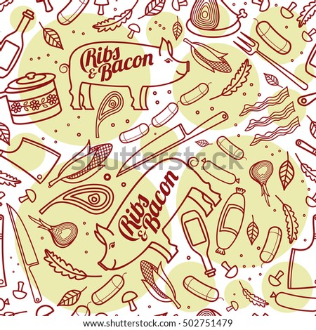 Pork, ribs, bacon, vector seamless texture pattern. Seamless pattern can be used for wallpaper, pattern fills, web page background, surface textures.