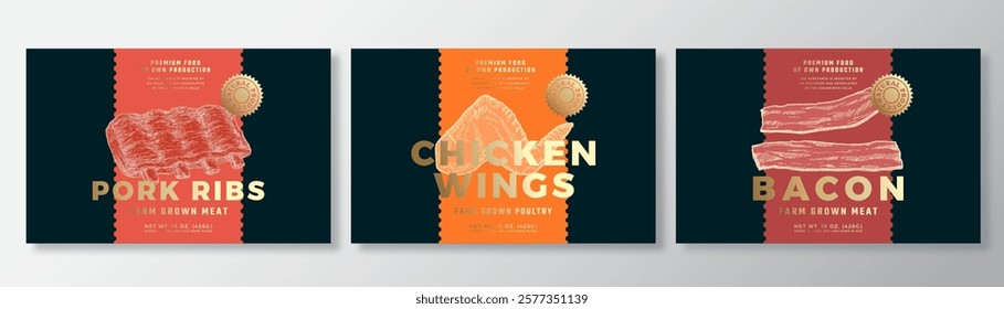 Pork Ribs, Chicken Wings, Bacon Vector Packaging Label Design Templates Set. Product Banner, Hand Drawn Meat, Pork and Poultry Sketches. Food Background Layout with Gold Foil Isolated