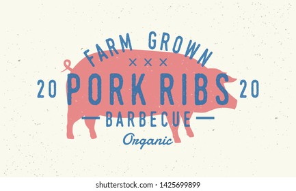 Pork Ribs logo. Pig silhouette. Vintage poster for restaurant, barbecue, steak house, bar. Vintage typography. Vector logo template. 