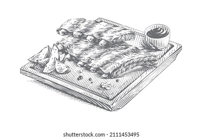 pork ribs on cutting board hand drawing sketch engraving illustration style