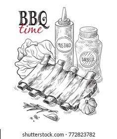 Pork ribs with sauce isolated on white background. Vector illustration