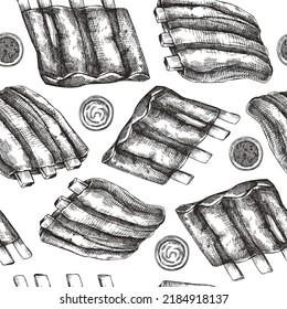 Pork ribs seamless pattern. Traditional German food sketch. Oktoberfest background. Hand-drawn meat design for fast food, picnic, or barbeque. German cuisine pork meal backdrop in a sketched style