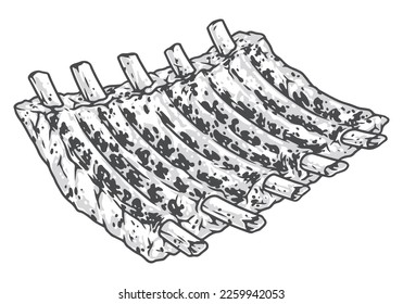 Costillas de cerdo pegatina vintage monocromo con pieza aislada de carne con huesos para preparar bocadillo para ilustración vectorial de cerveza