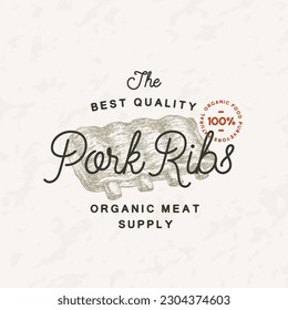 Pork Ribs Vintage Vector Label Logo Template. Engraving Style Meat Illustration with Typography. Hand Drawn Retro Drawing Emblem. Isolated