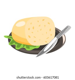 Pork Sausage And Knife, Food Item Rich In Proteins, Important Element Of The Healthy Balanced Diet Vector Illustration