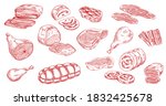 Pork sausage, veal beef and lamb steak sketches. Bacon, ham and jamon leg, meat roll, chicken or turkey legs, sirloin, brisket and mortadella engraved vectors set. Raw and processed meat products