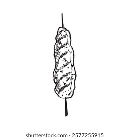 Pork shawarma meat on skewer spit isolated on white background. Hand drawn vector sketch illustration in vintage charcoal ink style. Street food, take and go concept, man's strong, kebab, barbeque