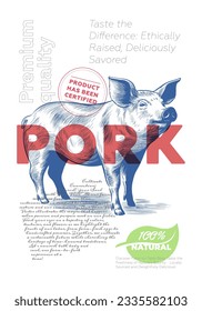 Pork shop advertising poster with vintage pig sketch. Butcher market retro print. Butchery label creative typography template. Natural farm product placard engraving swine hand drawn artwork. Vector