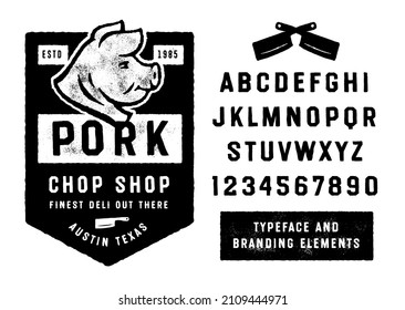 Pork Shop Logo. Meat company business. Butchery logo. Butcher's shop badge design and hand drawn alphabet. Pig head retro vintage textured illustration. Hog cleaver  icon. 